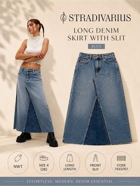 Stradivarius Blue Long Denim Skirt With Slit Size 4 NWT Maxi Jean Skirt Inditex